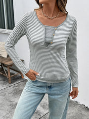 Striped Long Sleeve Casual T-Shirt Light Gray - Fashorio