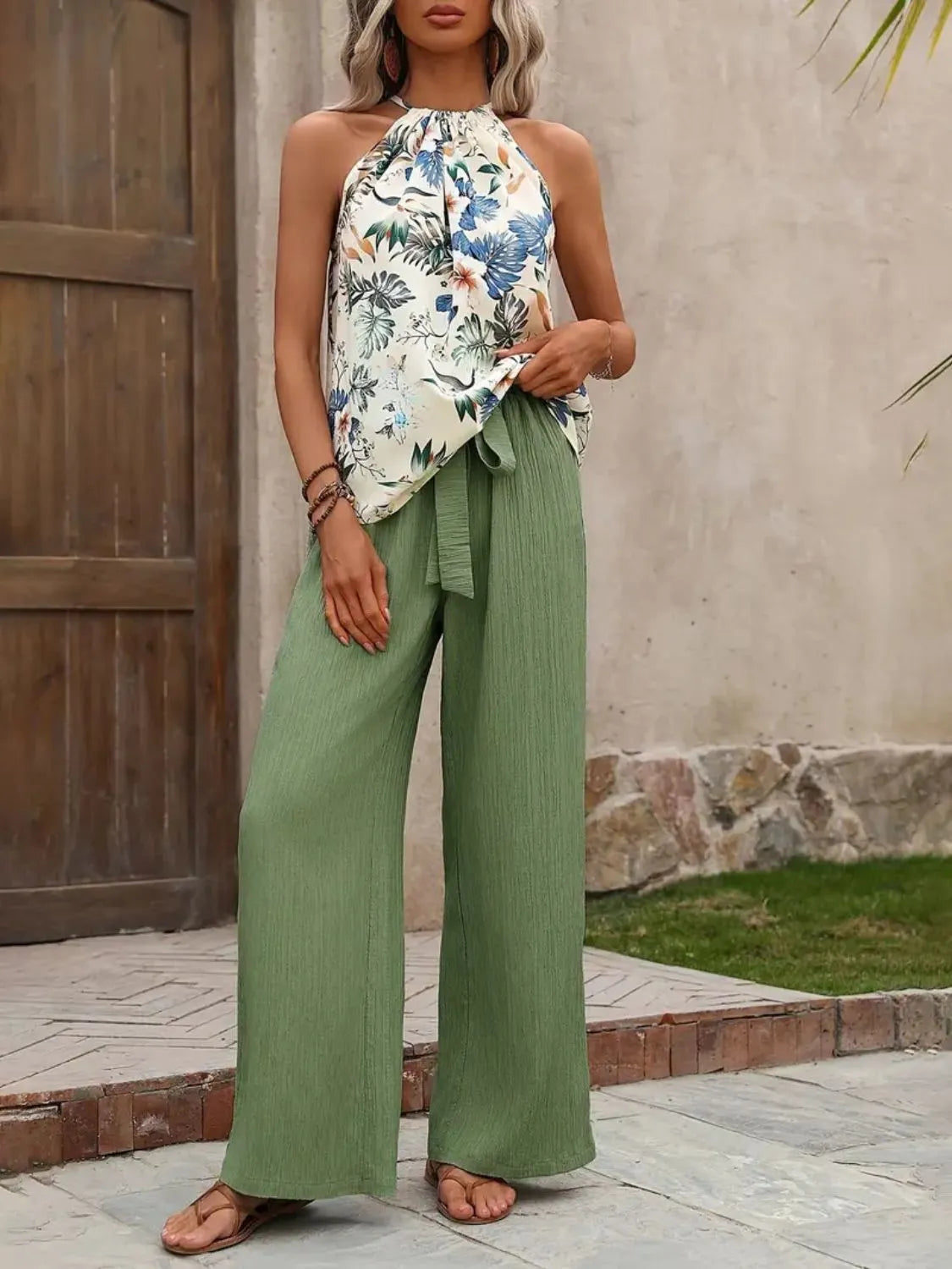 Printed Tank Top and Wide Leg Pants Set Matcha Green - Fashorio