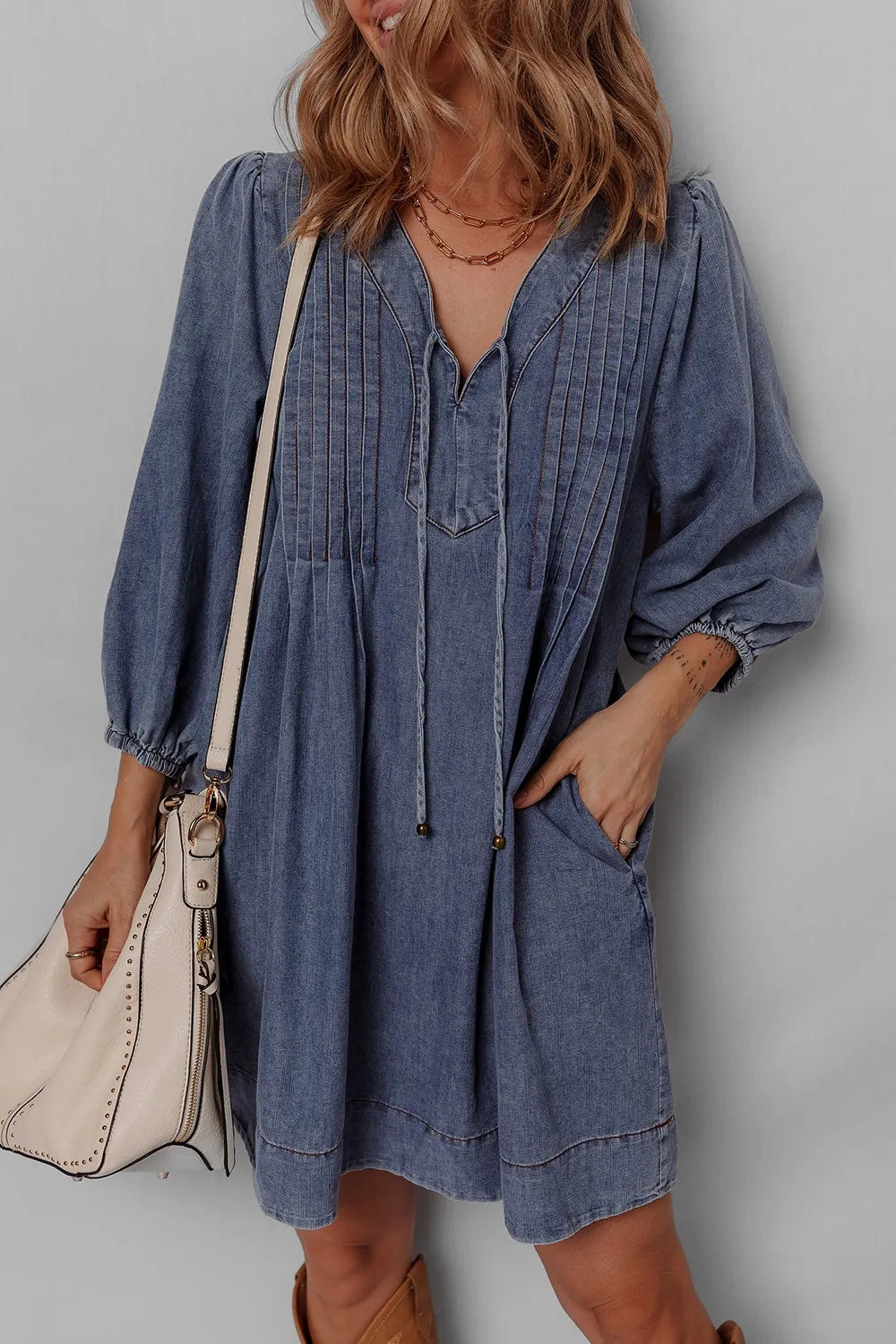 Tie Neck Long Sleeve Mini Denim Dress - Fashorio