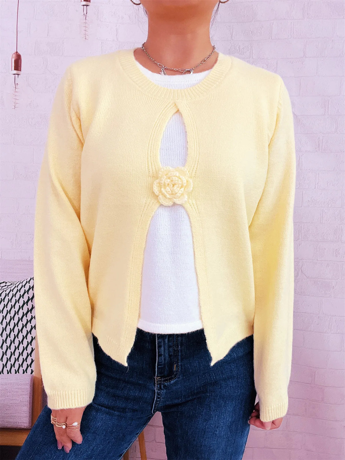 floral contrast round neck sweater side view