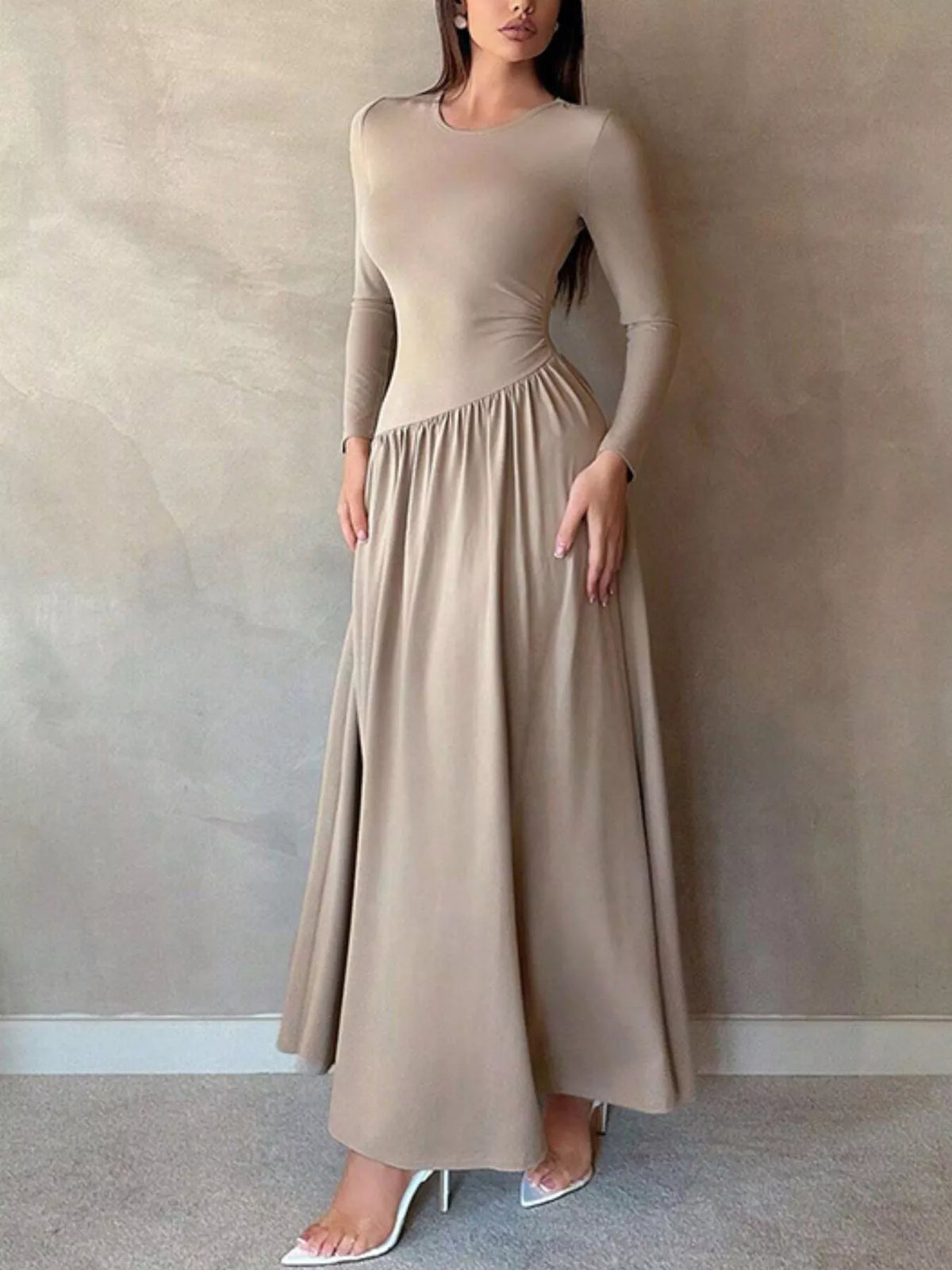 Long Sleeve Ruched A Line Maxi Dress front view