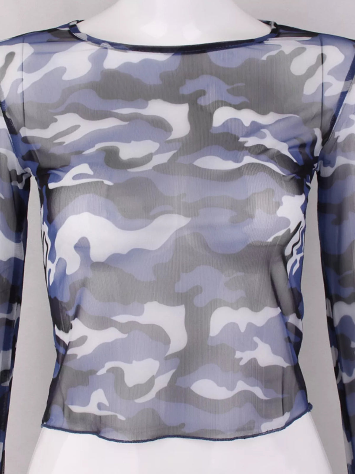 Cropped length detail of camouflage mesh top
