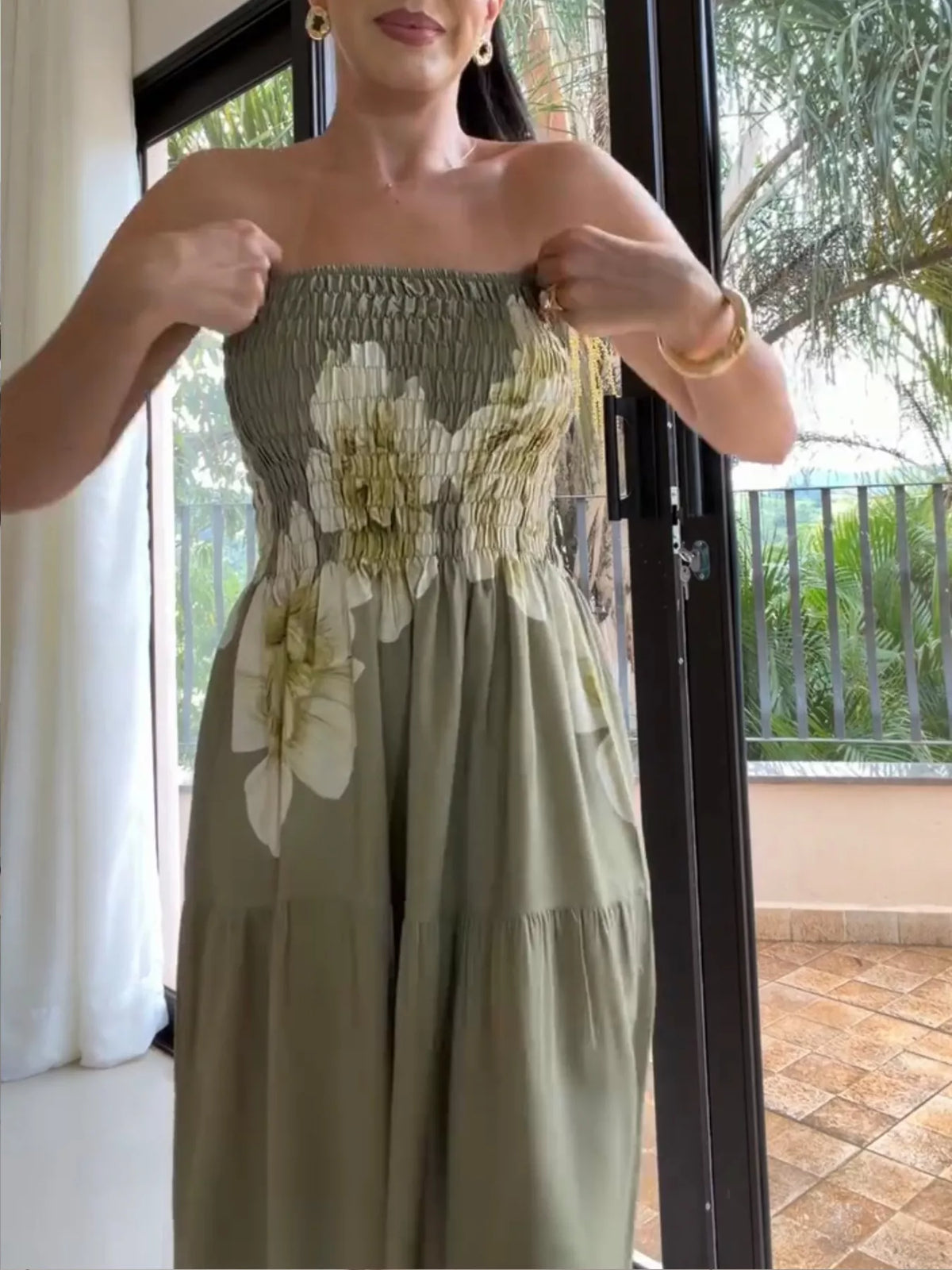 green floral smocked strapless tube maxi dress side view