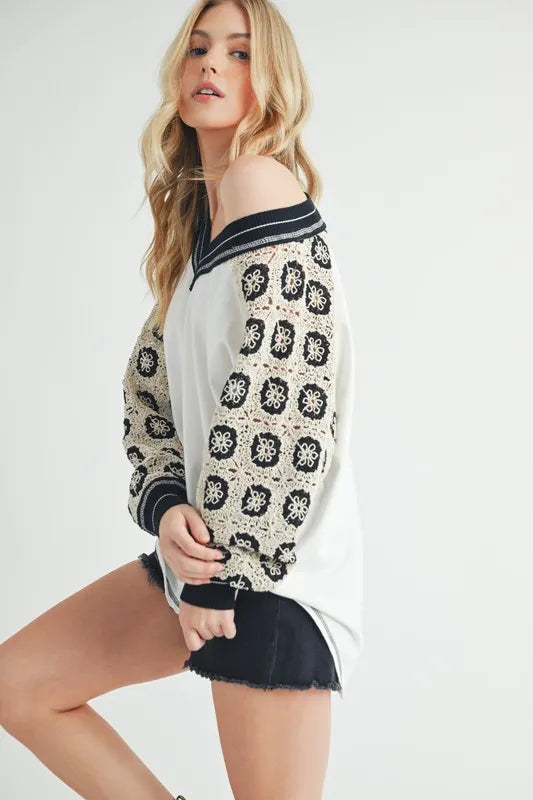 Crochet V neck top styled on model