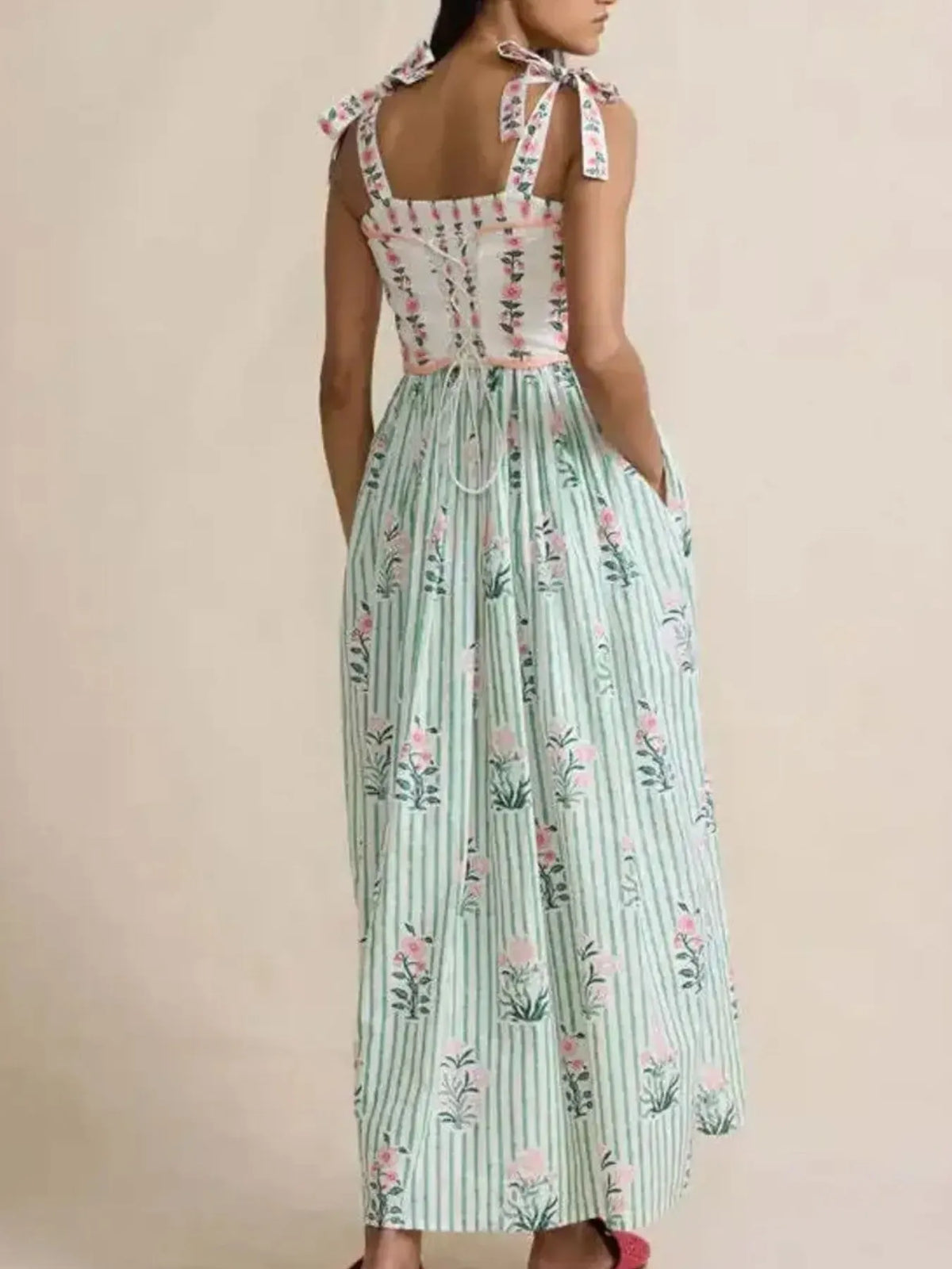 Floral striped cami maxi dress back view