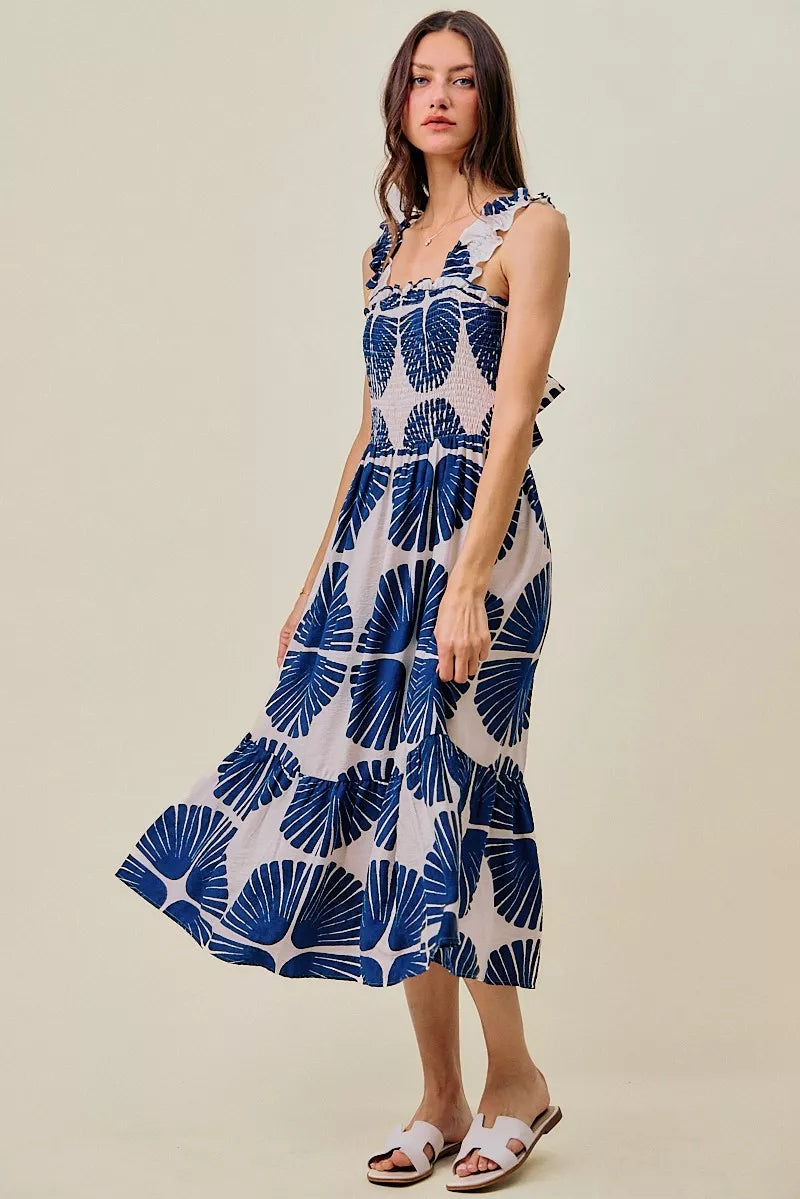 Navy abstract print smocked bodice tiered midi dress front view