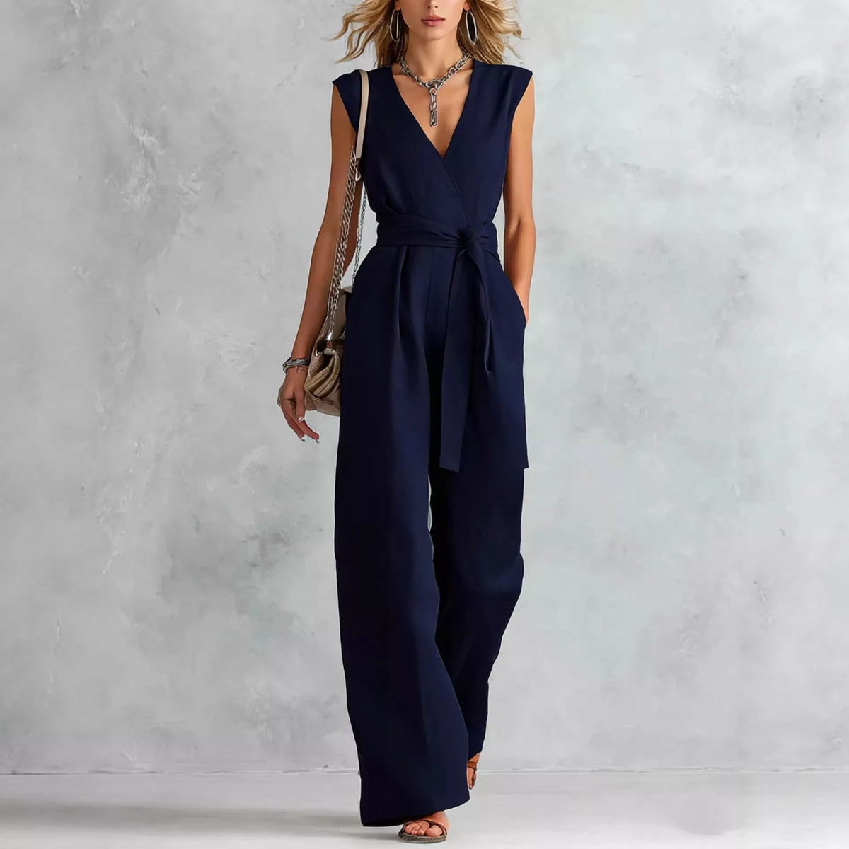 Hem and wide leg drape on womens jumpsuit
