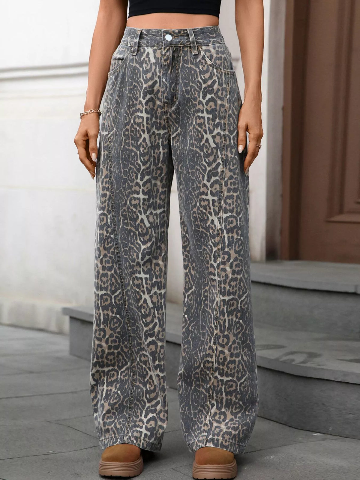 Leopard wide leg high waist jeans front view