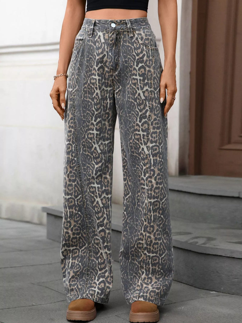 Leopard wide leg high waist jeans front view