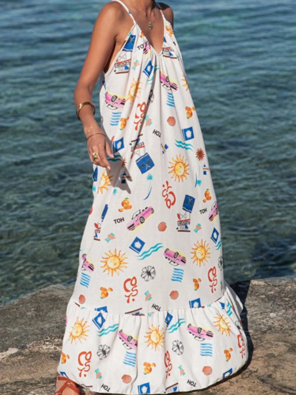Printed V neck summer maxi dress hemline detail