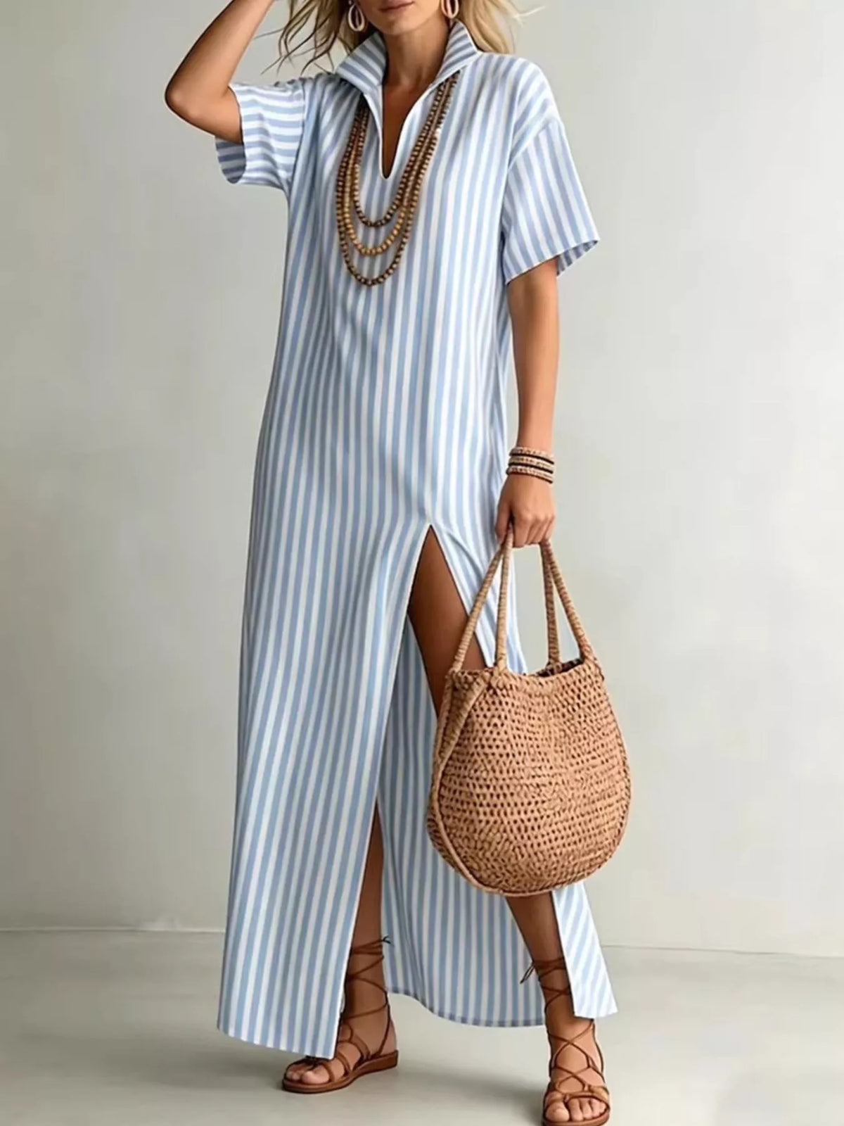 Striped high slit maxi shirt dress front view