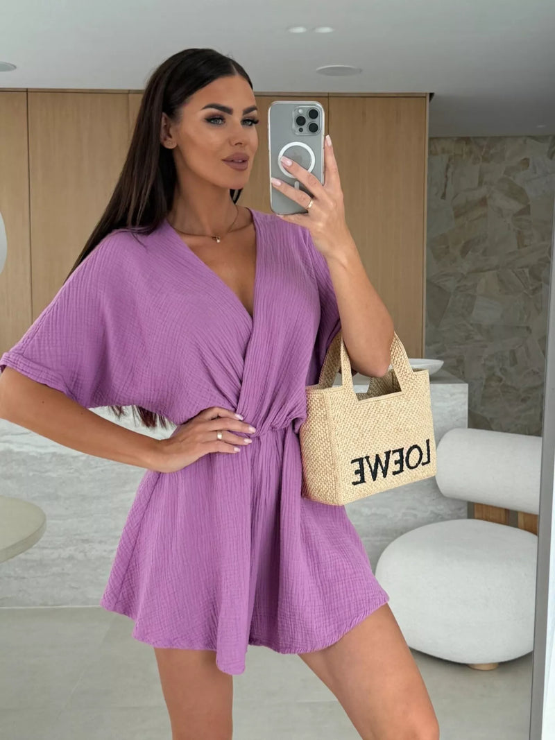 Surplice wrap front short sleeve romper front view