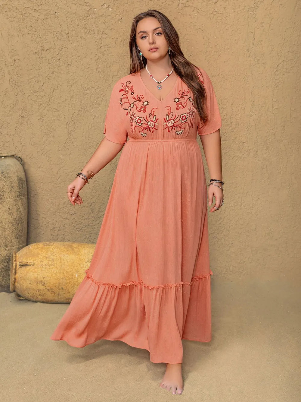 Plus size embroidered V neck maxi dress in coral front view