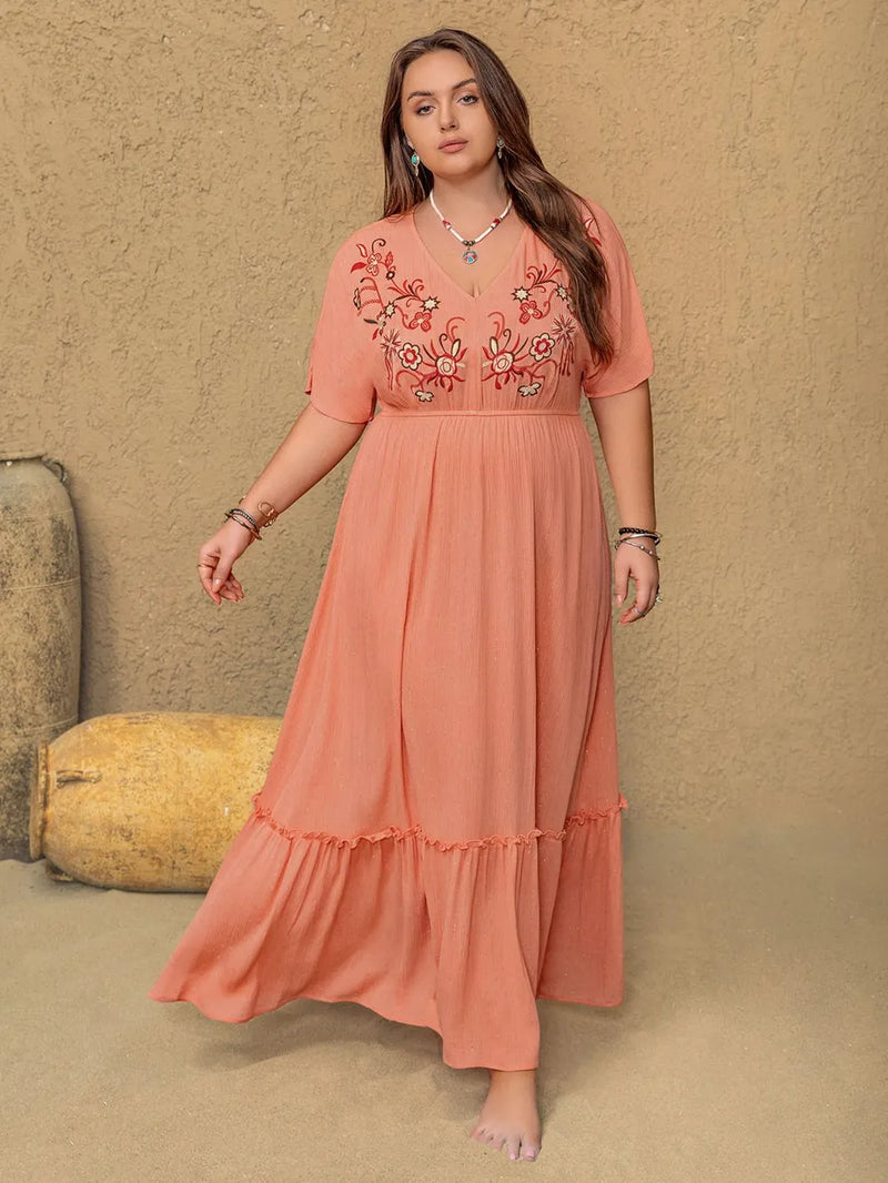 Plus size embroidered V neck maxi dress in coral front view