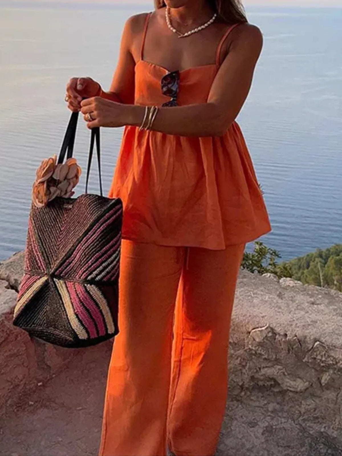 Orange square neck two piece wide leg set styled