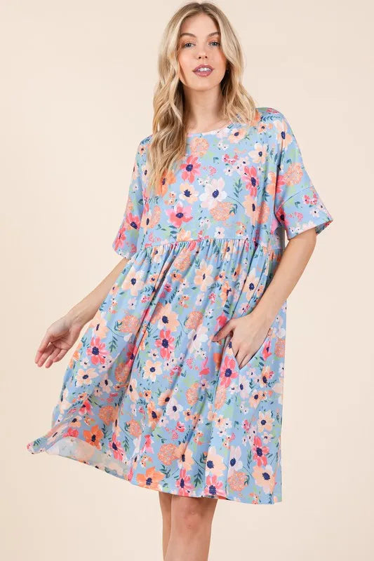 Floral Shirred Dress with Pockets back view