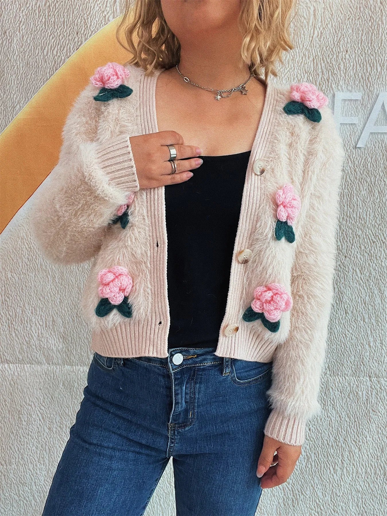 Flower Fuzzy Button-Up Cardigan - Fashorio