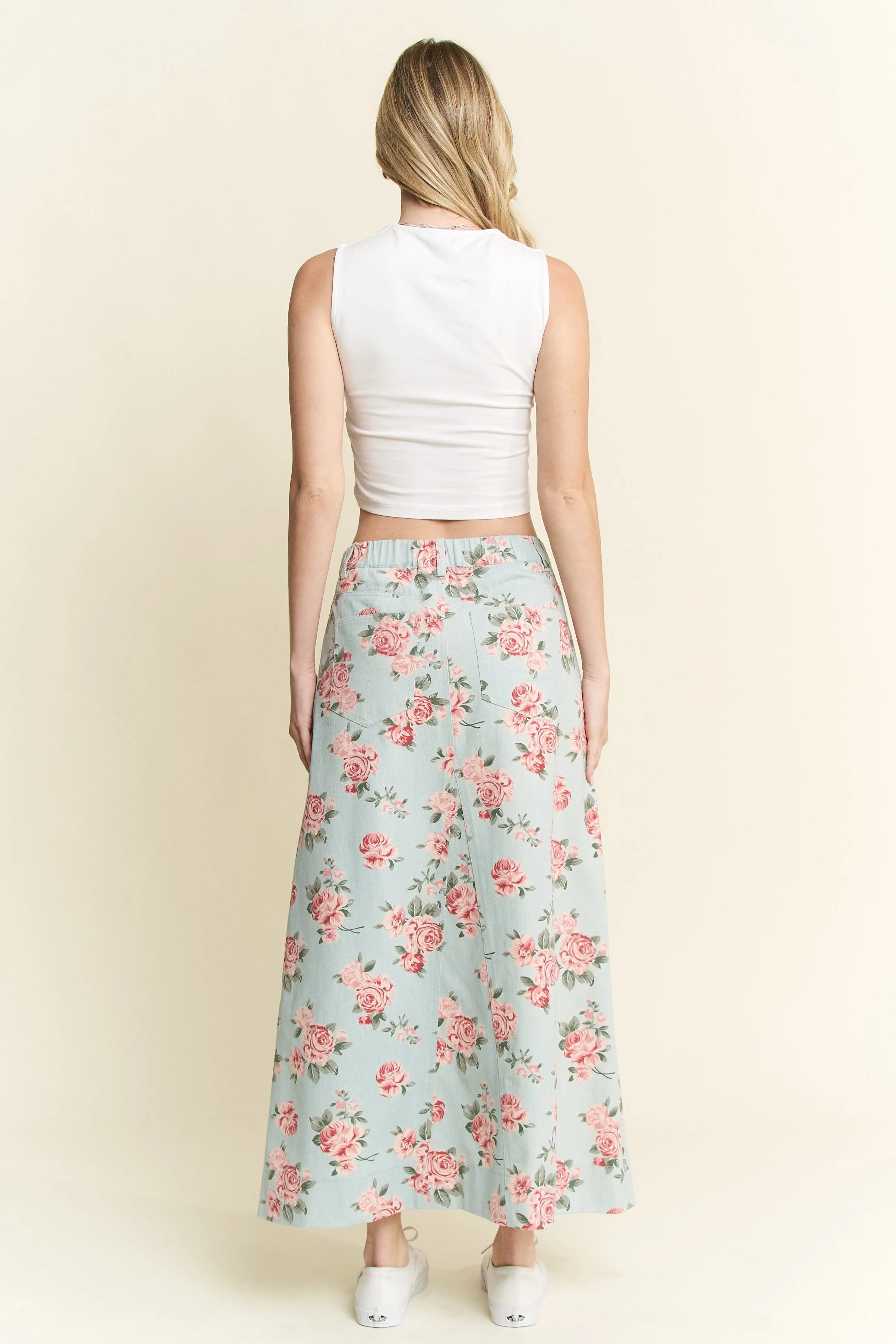 Jade By Jane Full Size Floral Print Front Slit Denim Maxi Skirt Plus Size - Fashorio
