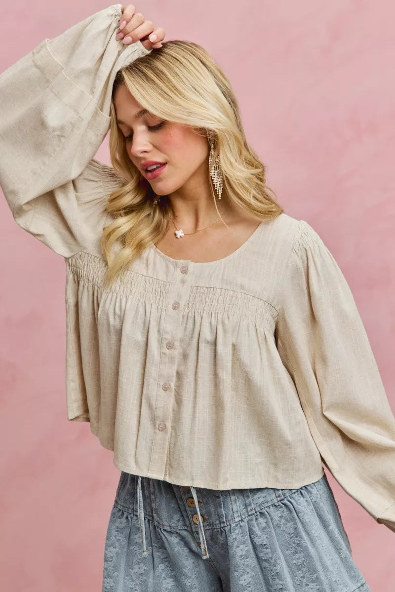 Cream linen blend smocked long sleeve top, styled look