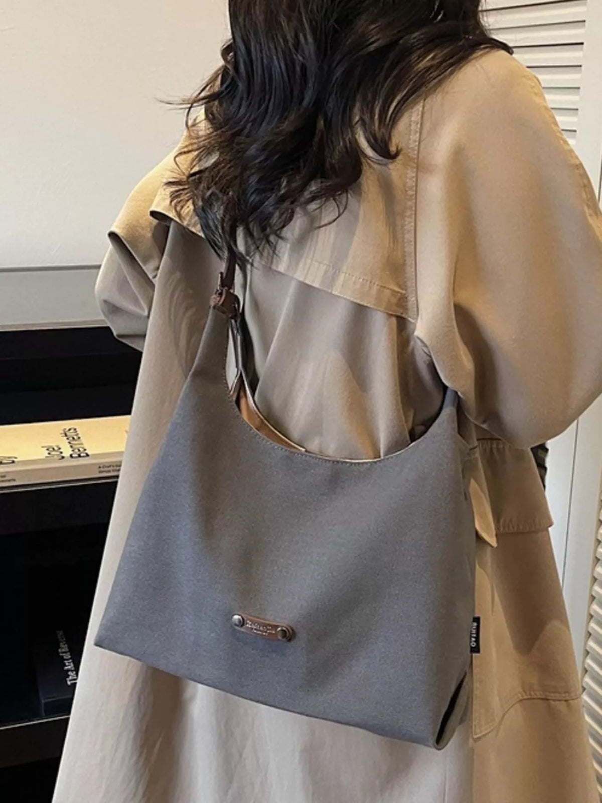 Canvas leather strap bag styled with outfit