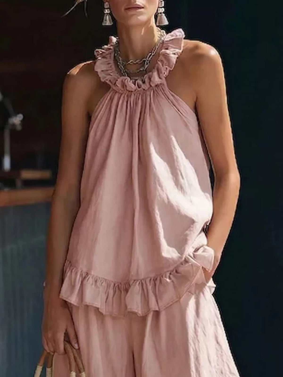 Ruffled Halter Top and Wide Leg Pants Set, view 8
