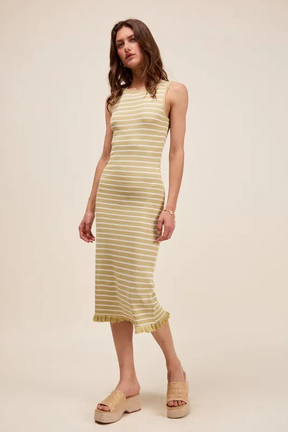SO ME Stripe Sleeveless Sweater Knit Maxi Dress With Ruffled Hem - Fashorio