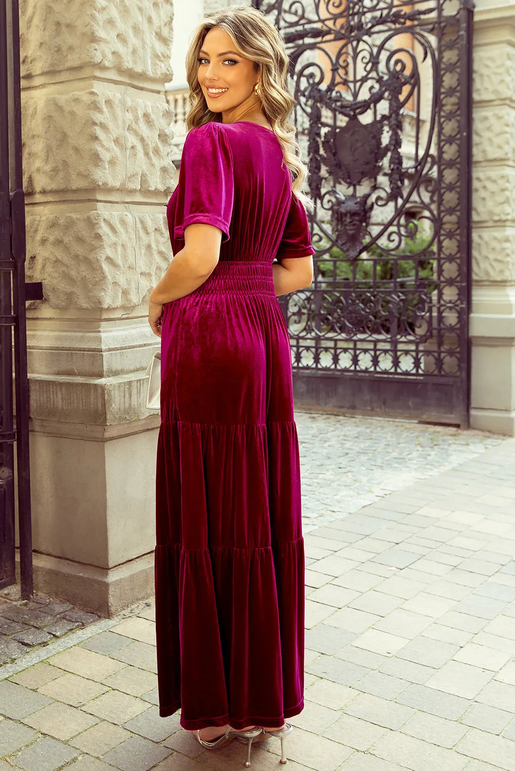 Tiered Short Sleeve Maxi Dress with Pockets, full length view