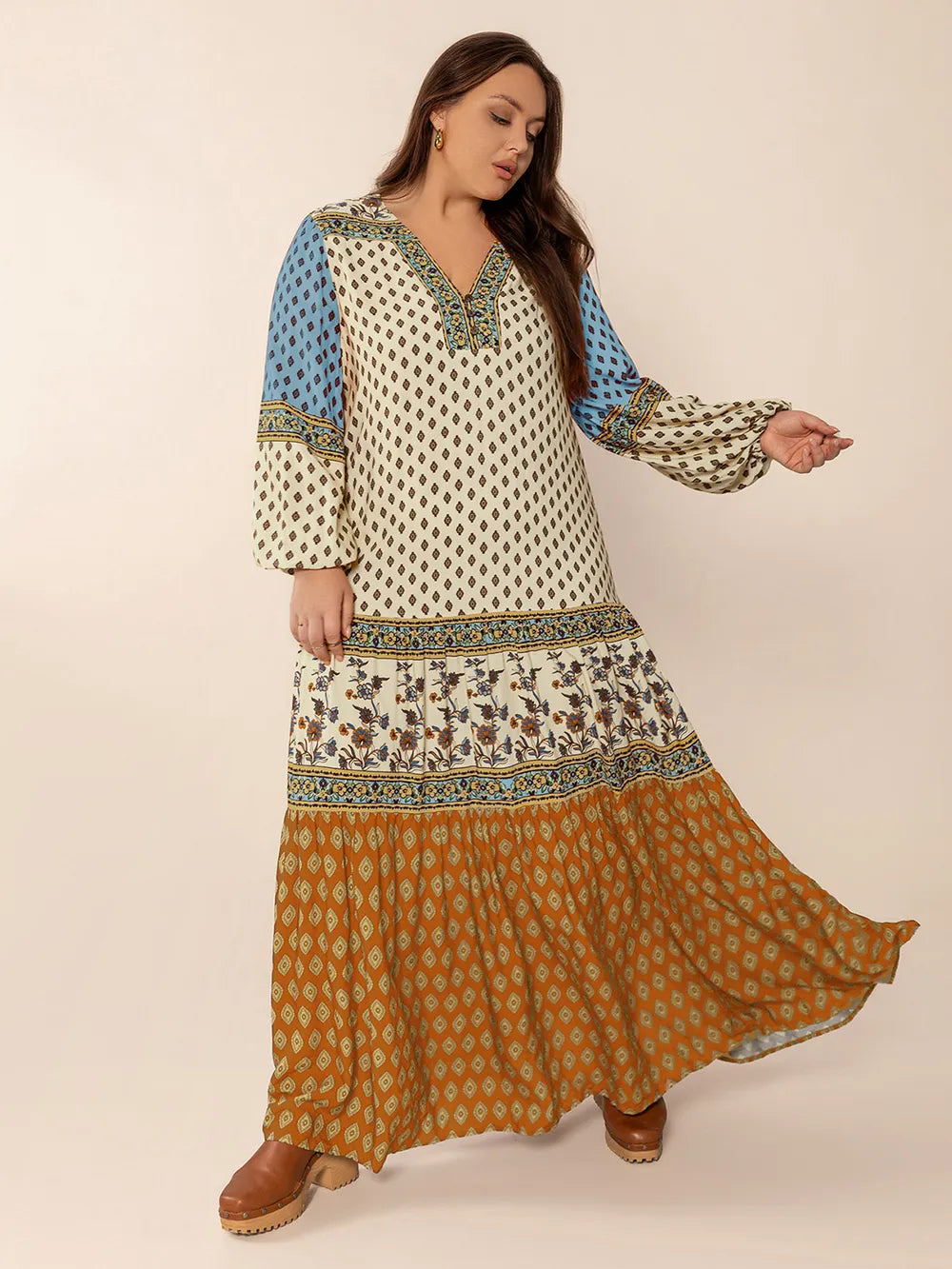 Printed V Neck Balloon Sleeve Maxi Dress view 7