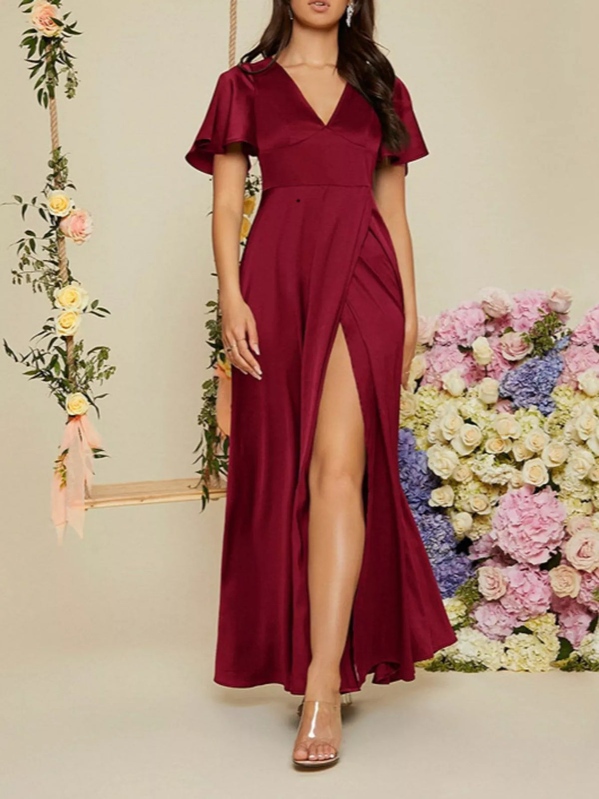 Flutter sleeve slit maxi dress back view