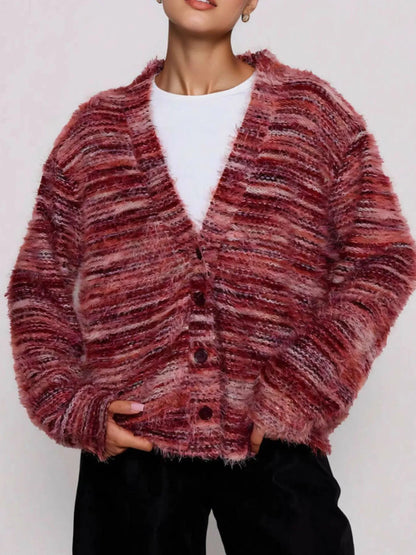 Fuzzy Button Down Chunky Cardigan Cerise - Fashorio