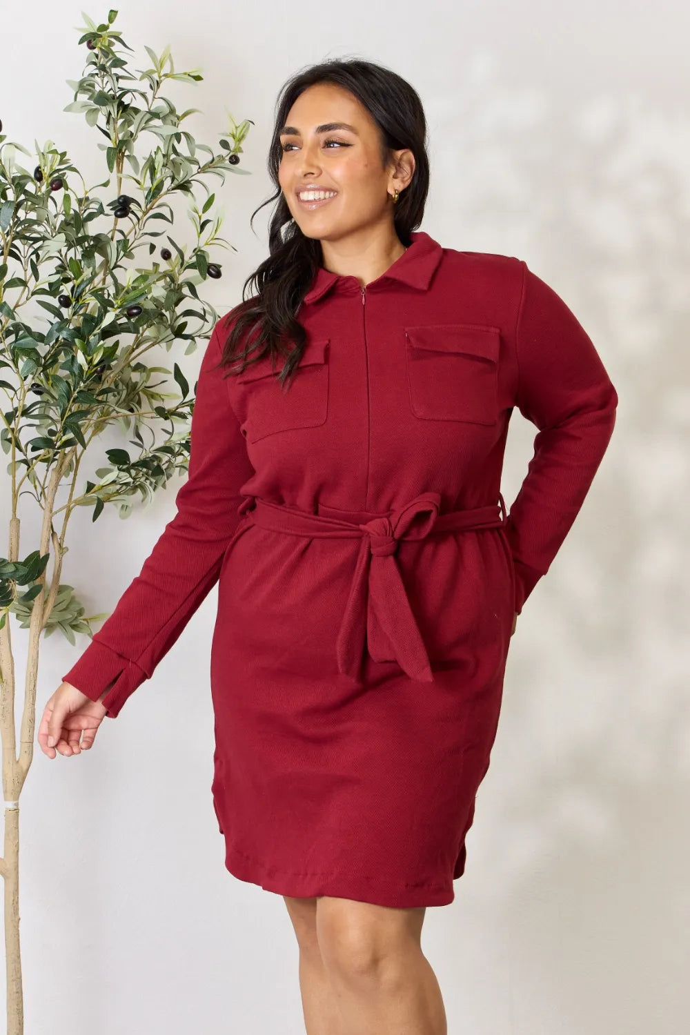 Tie Front Half Zip Long Sleeve Shirt Dress side view