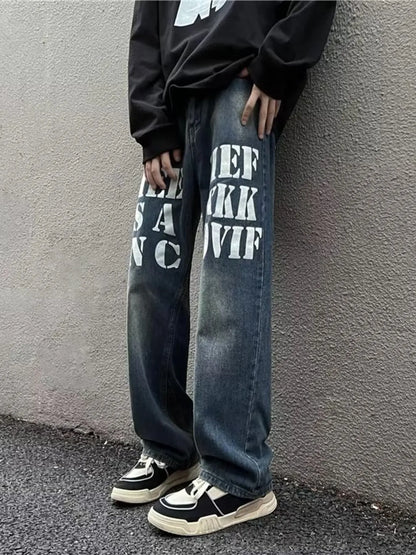 Men's Full Size Letter Graphic Wide Leg Jeans Plus Size Blue - Fashorio