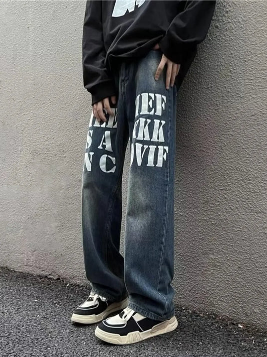 Men's Full Size Letter Graphic Wide Leg Jeans Plus Size Blue - Fashorio