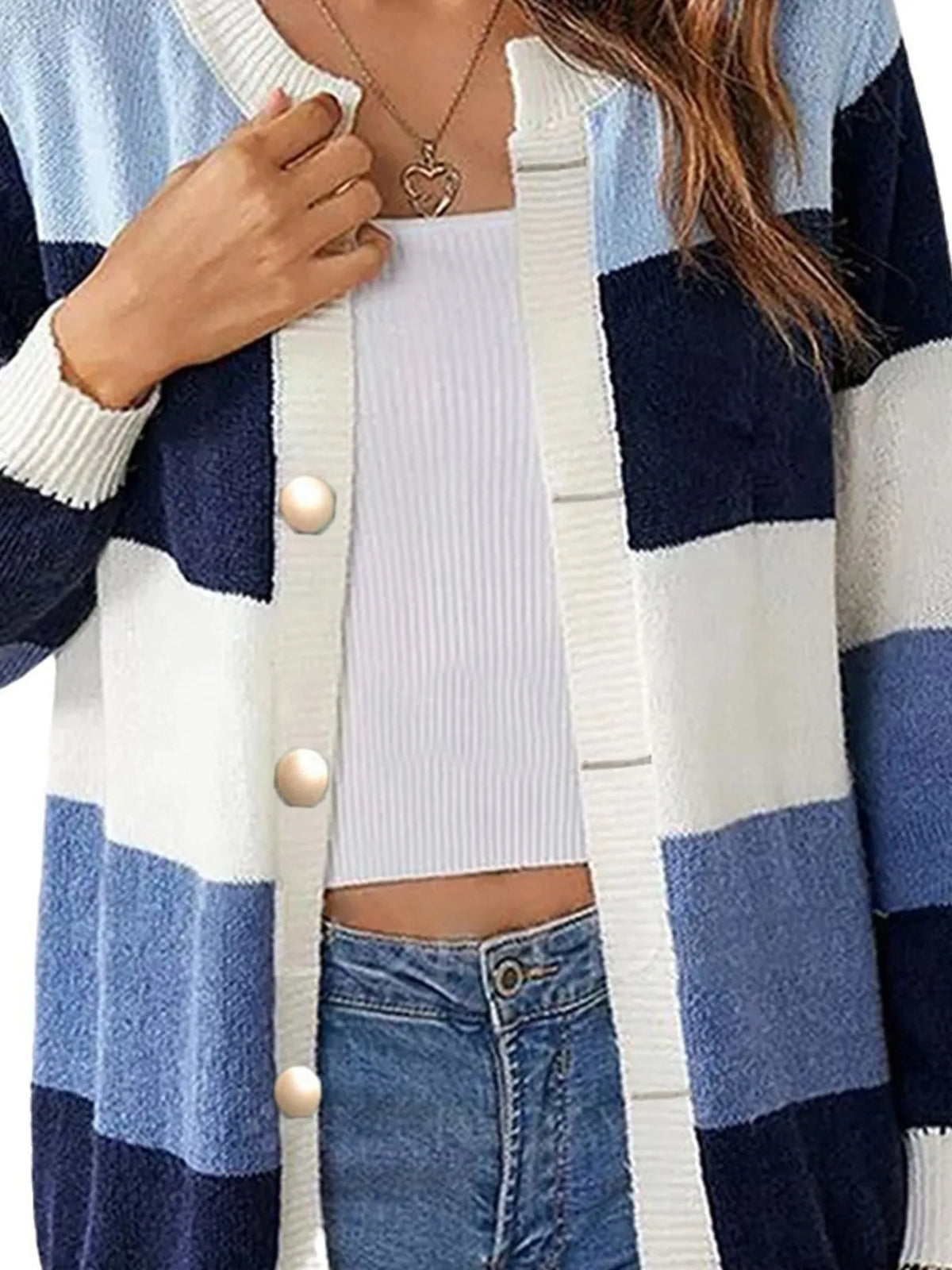 Color block button up knit cardigan, fabric close up