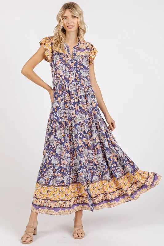 Floral ruffled notched cap sleeve maxi dress front
