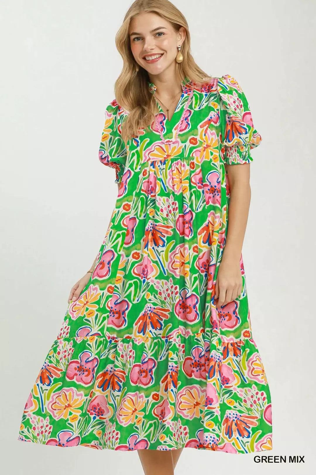 Floral Puff Sleeve Tiered Midi Dress in Green