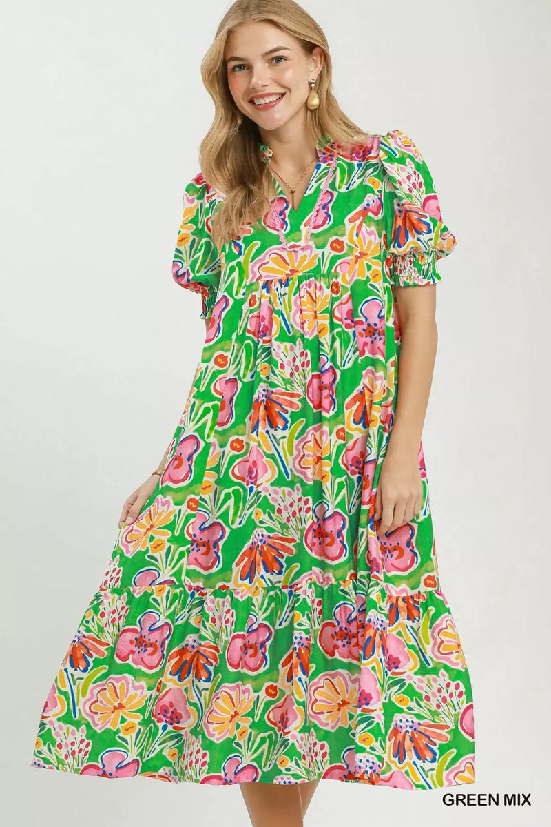 Floral Puff Sleeve Tiered Midi Dress in Green