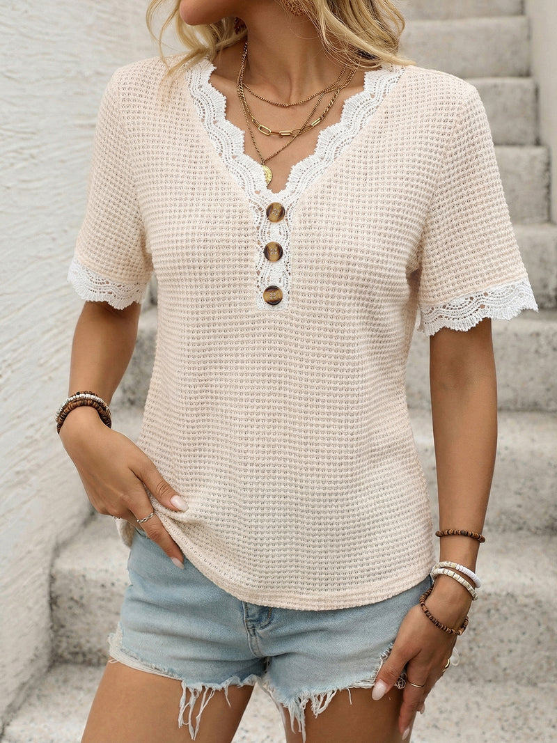 Apricot lace trim waffle knit tee front view on model