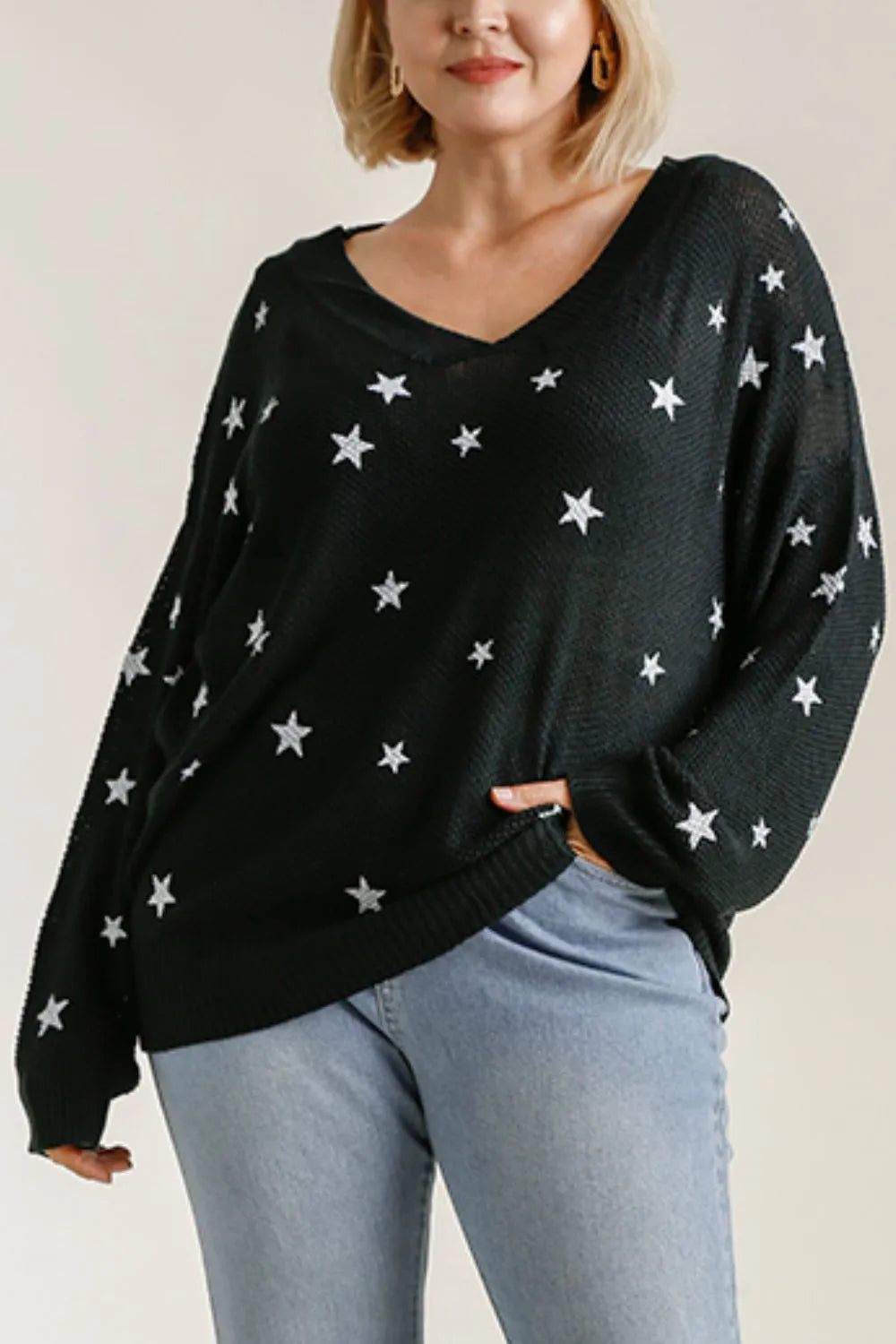Star Print V Neck Long Sleeve Sweater Plus Size in Black side view