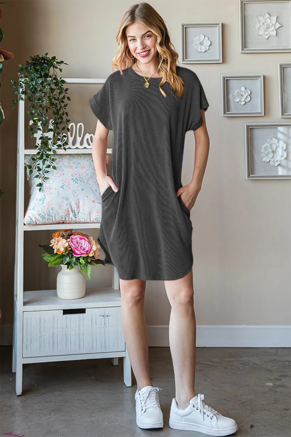 Ribbed Round Neck Short Sleeve Tee Dress on model