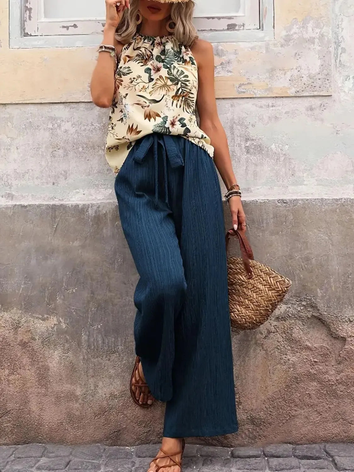 Printed Tank Top and Wide Leg Pants Set - Fashorio