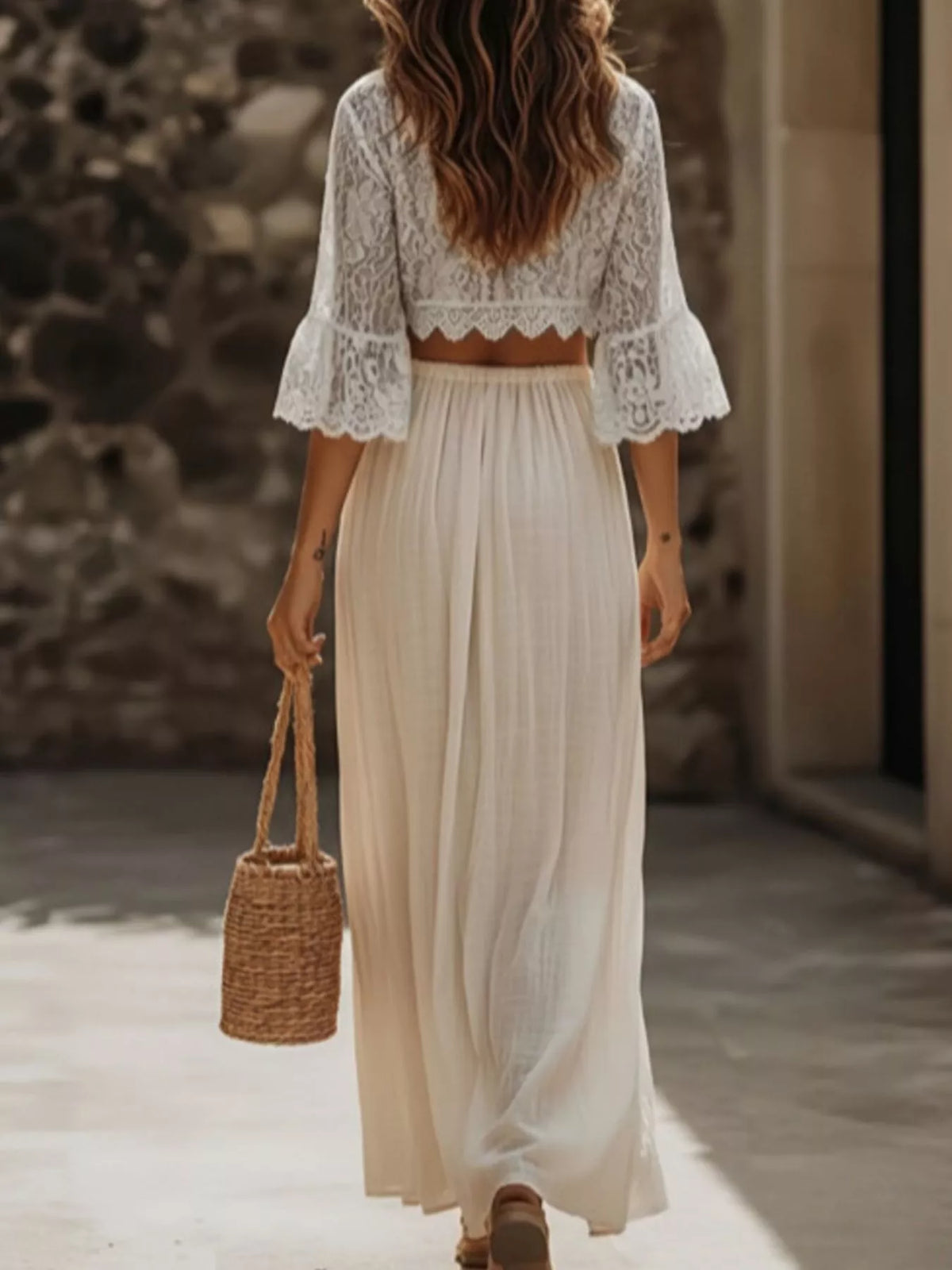 Apricot lace two piece set with slit maxi skirt side view