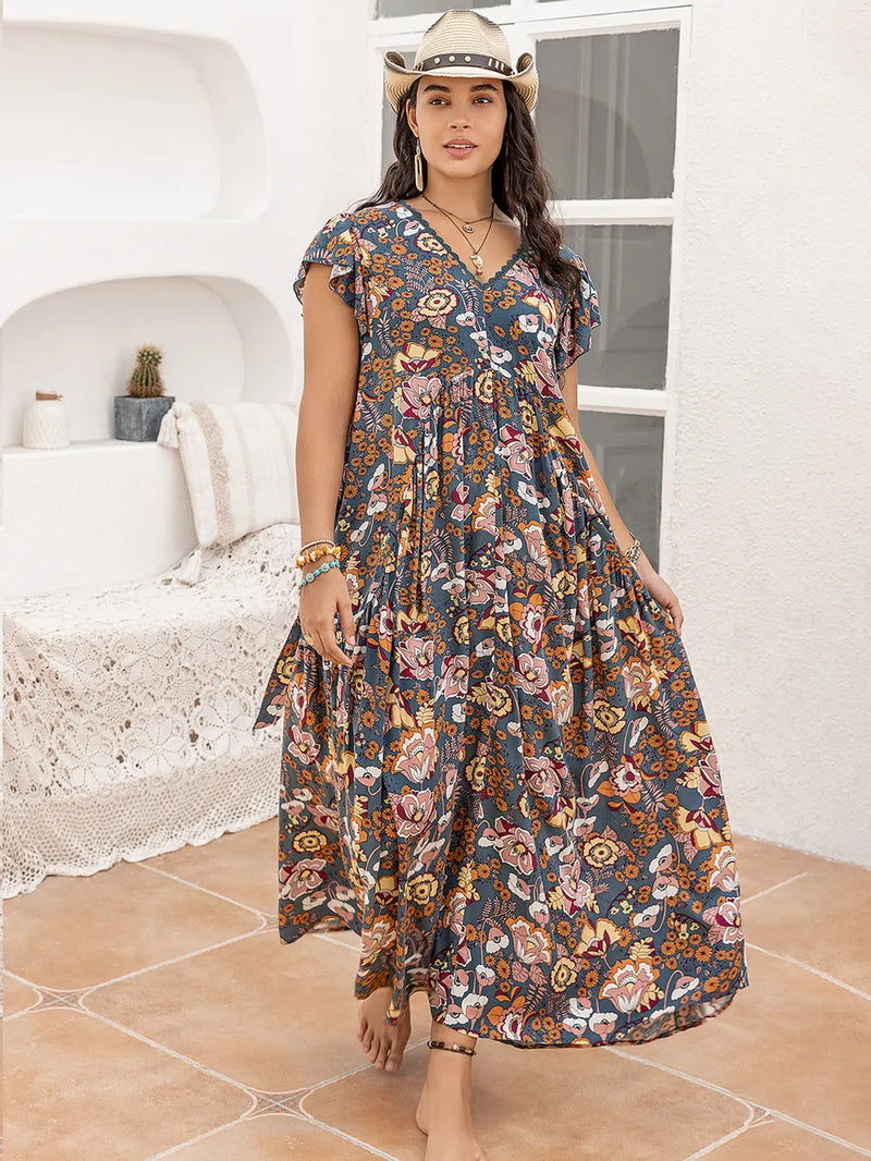 Ruffled Printed Cap Sleeve Maxi Dress Plus Size front view