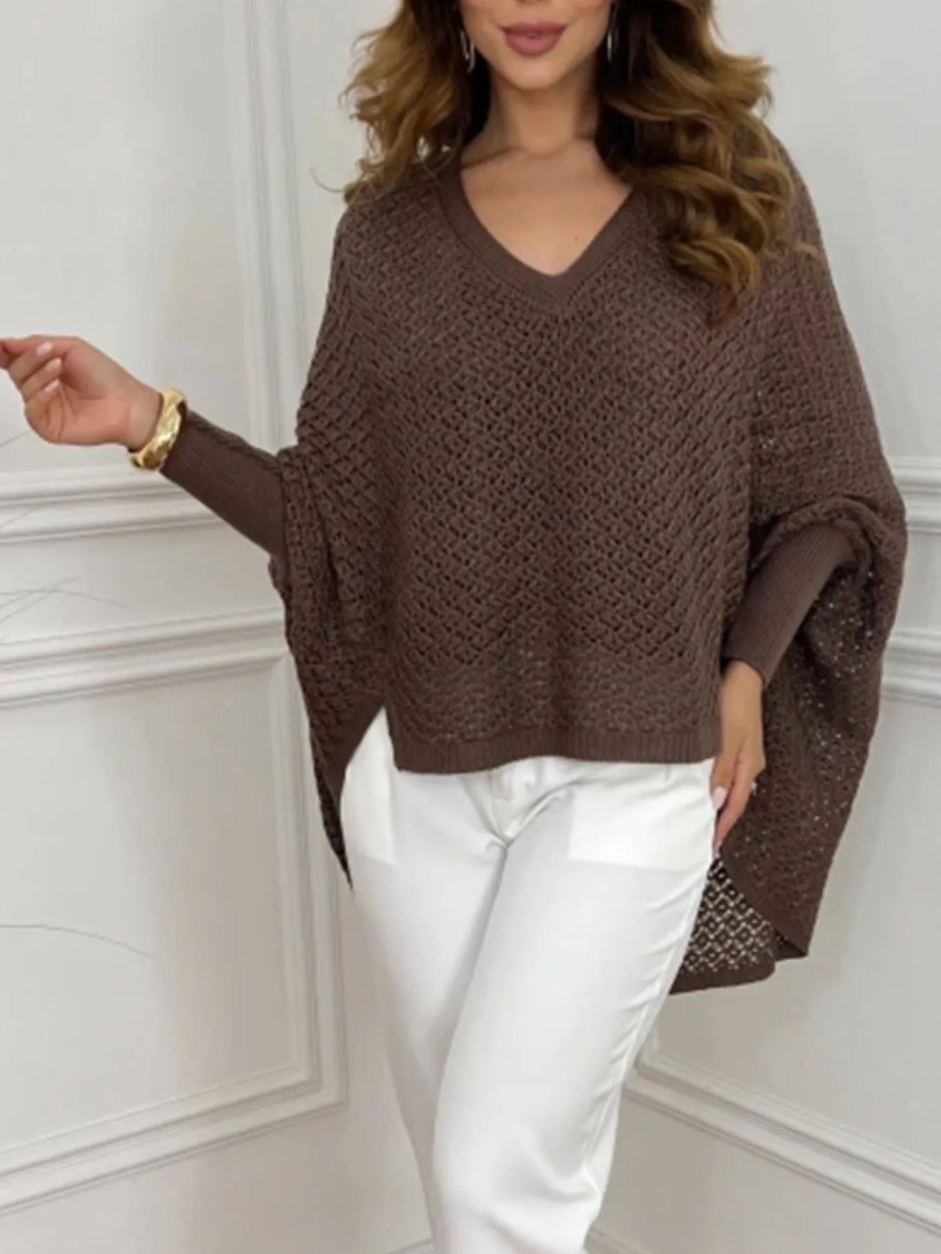 Crochet V-Neck Batwing Sleeves Oversized Sweater - Fashorio