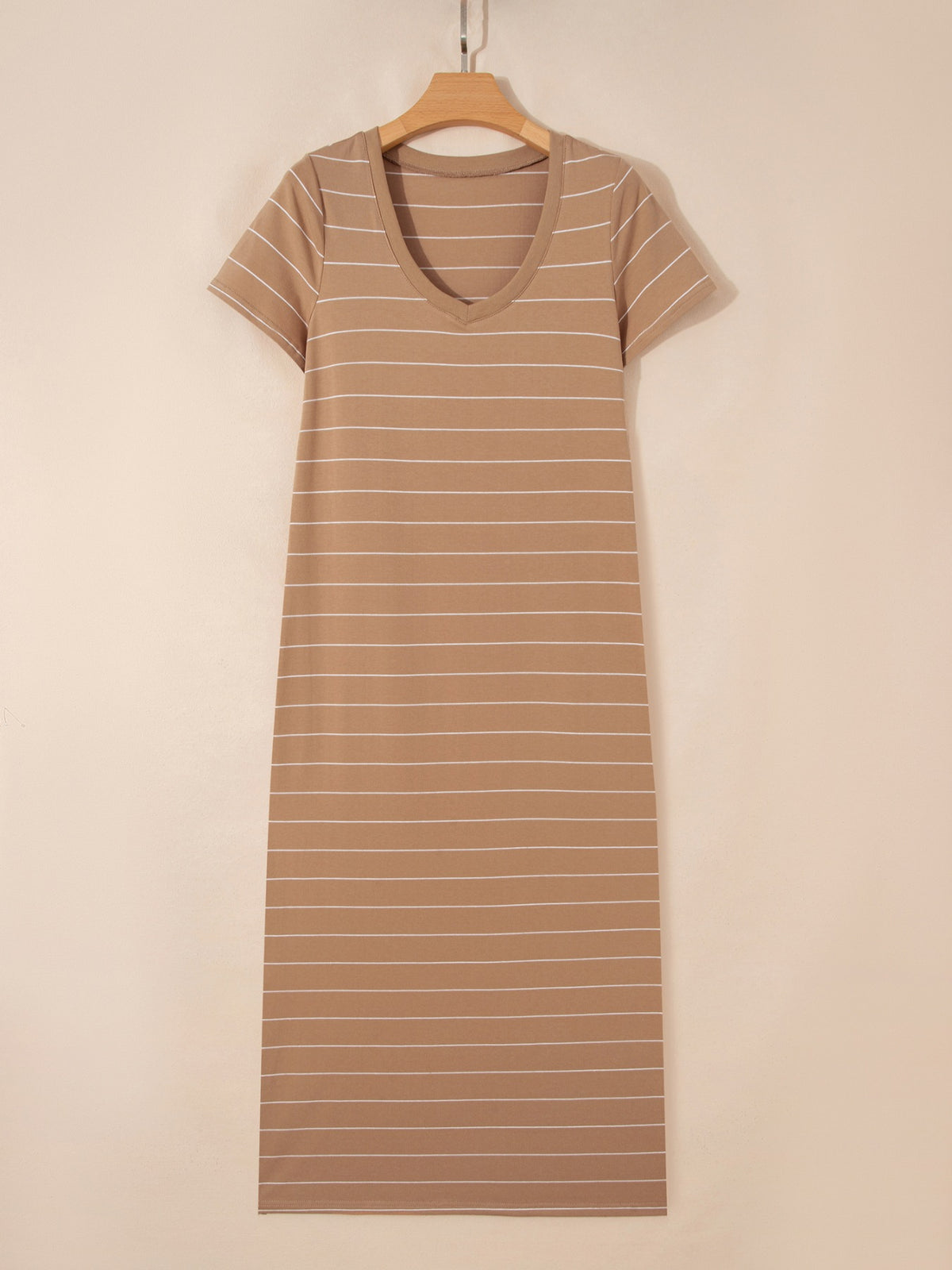 Mocha striped side slit maxi t shirt dress full length view