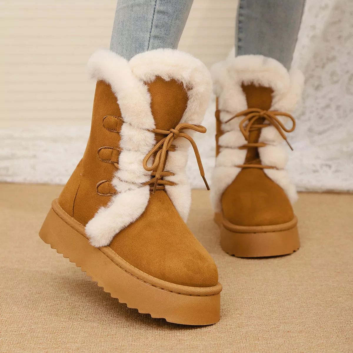 Lace up winter boots, upper texture close up