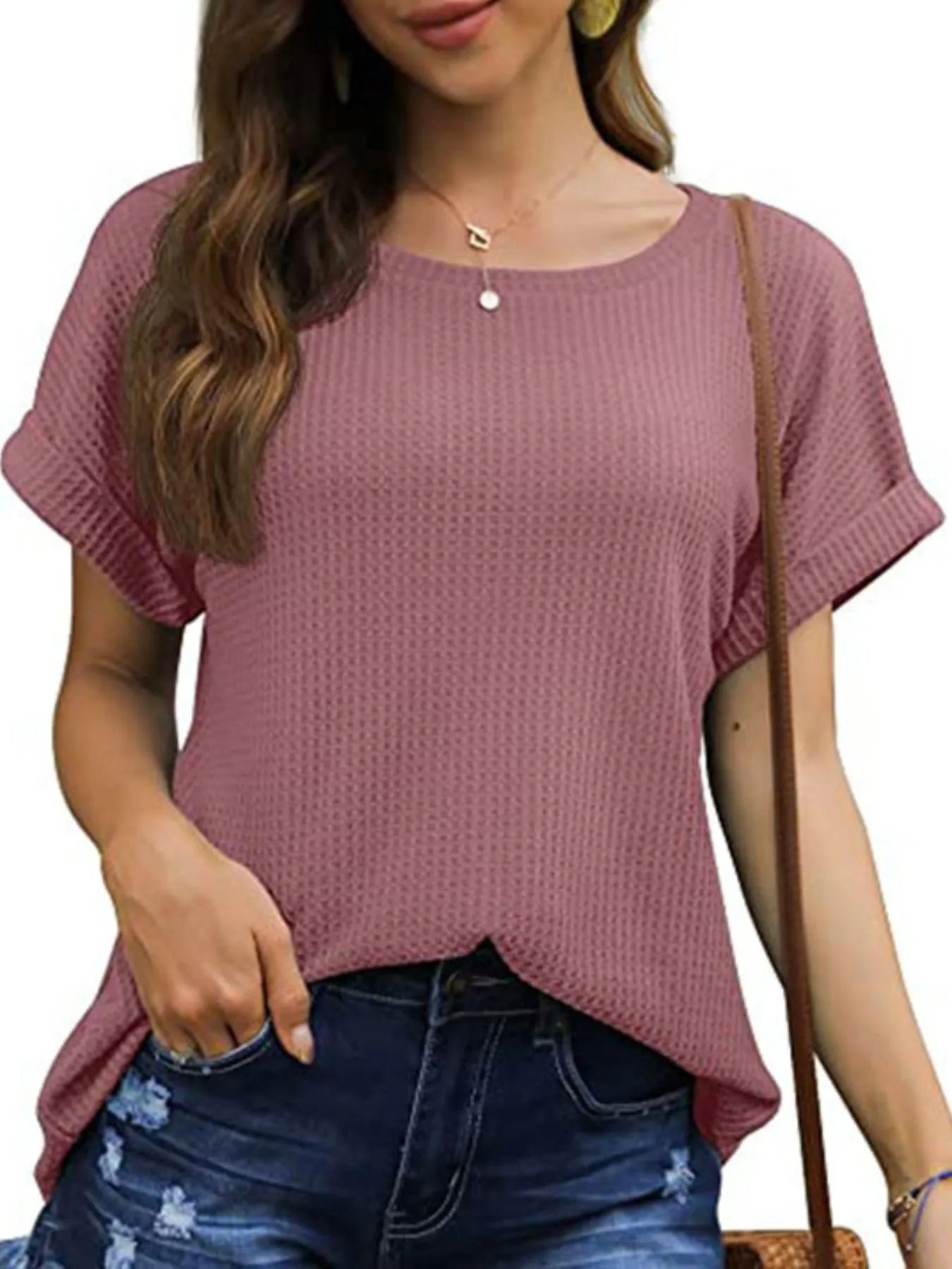 Full Size Waffle Knit Relaxed Fit T-Shirt Plus Size Brick Red - Fashorio