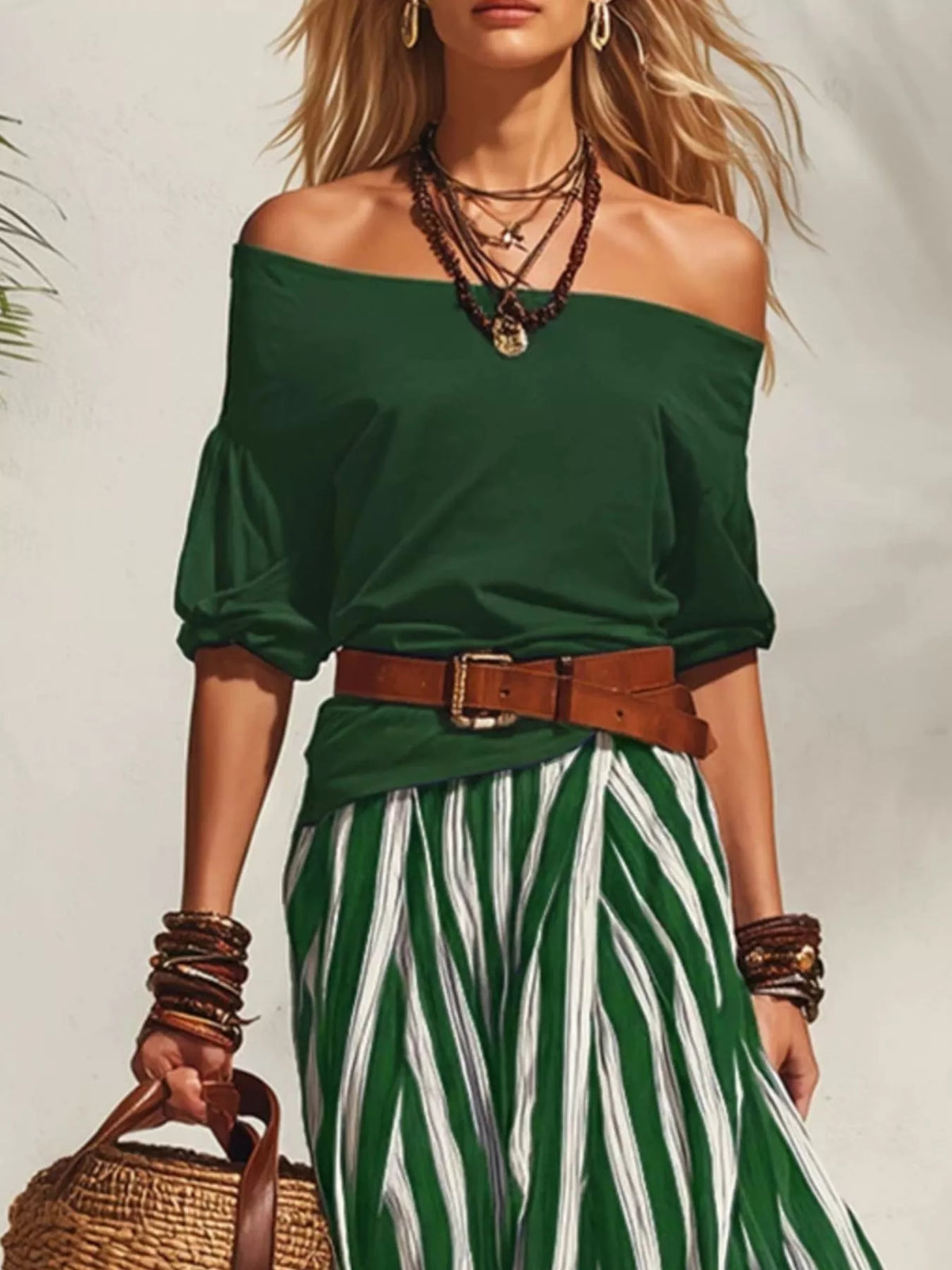 Off Shoulder Top and Striped Maxi Skirt Set, view 6