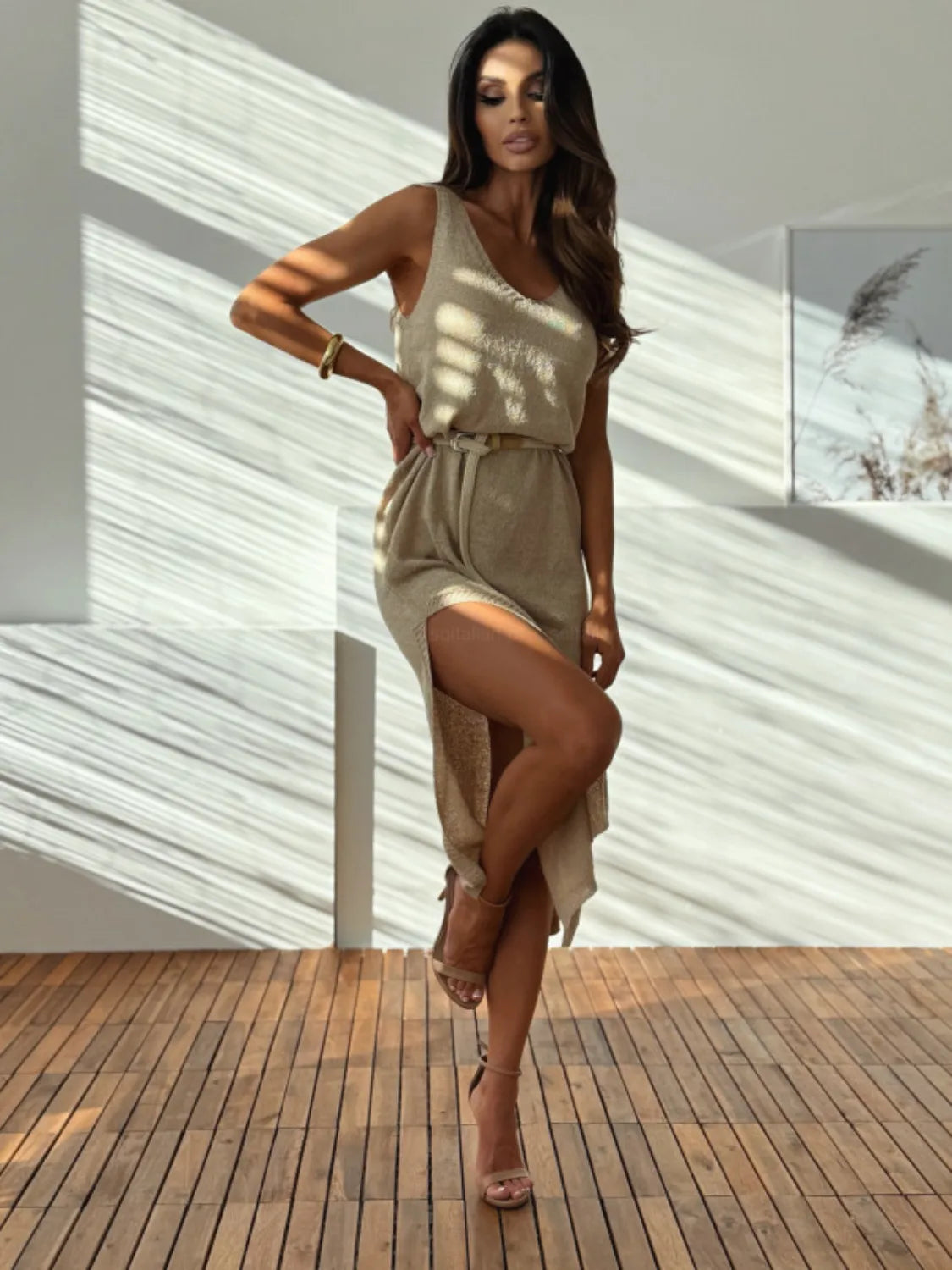 Slit V-Neck Sleeveless Sweater Dress - Fashorio