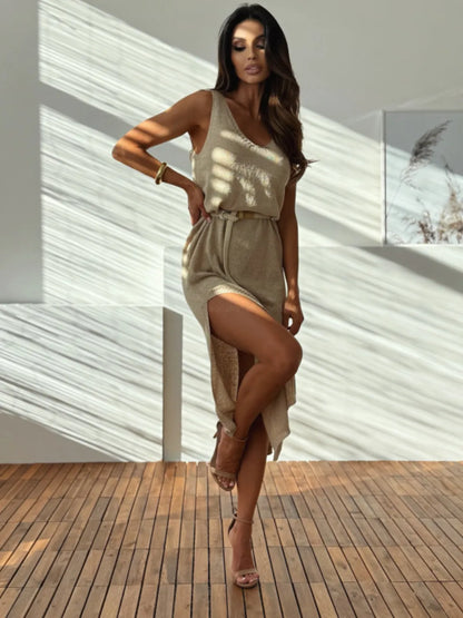 Slit V-Neck Sleeveless Sweater Dress - Fashorio